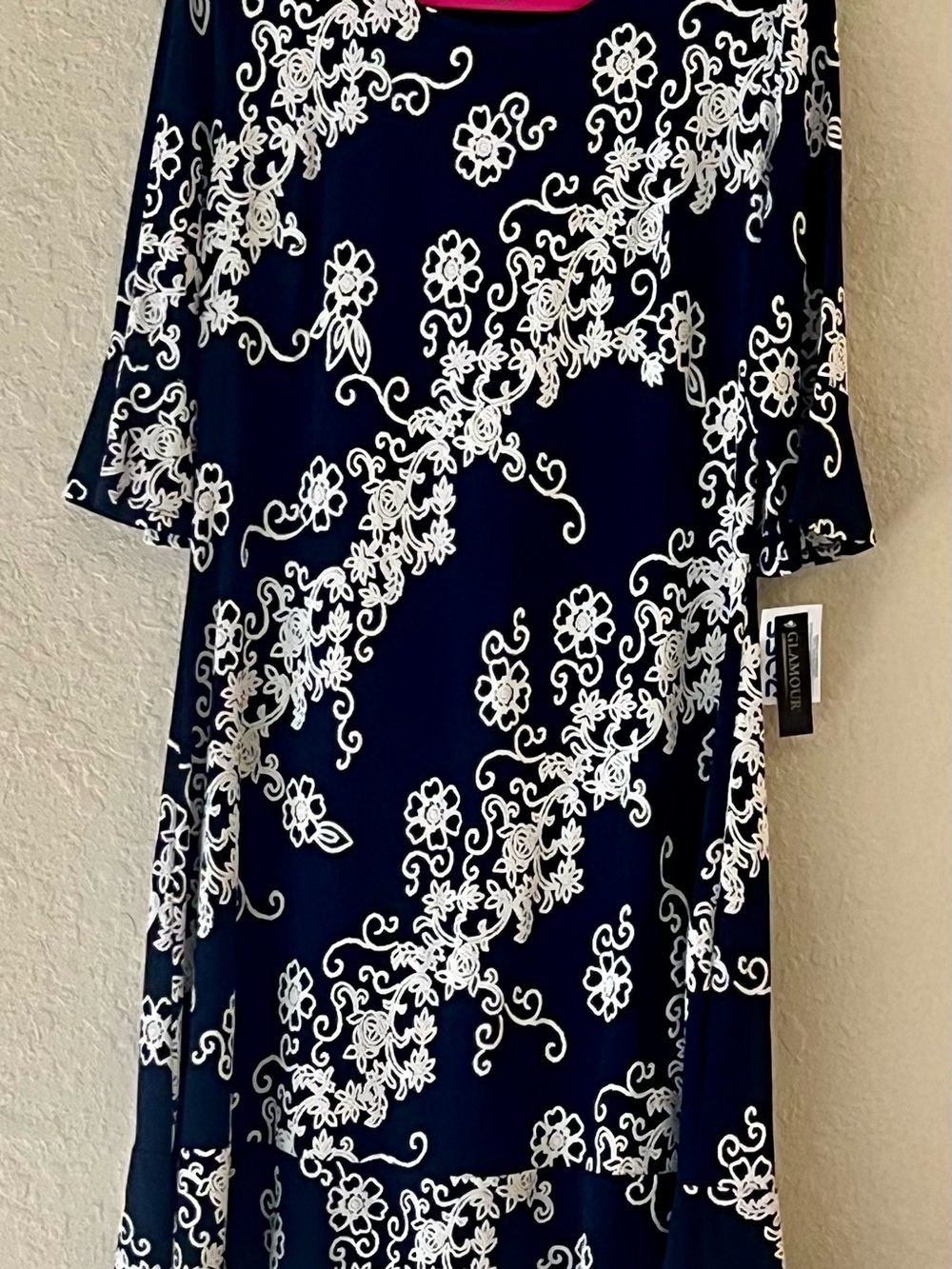 Glamour Navy Blue Floral 3/4 ruffled Long Sleeve Shift Dress